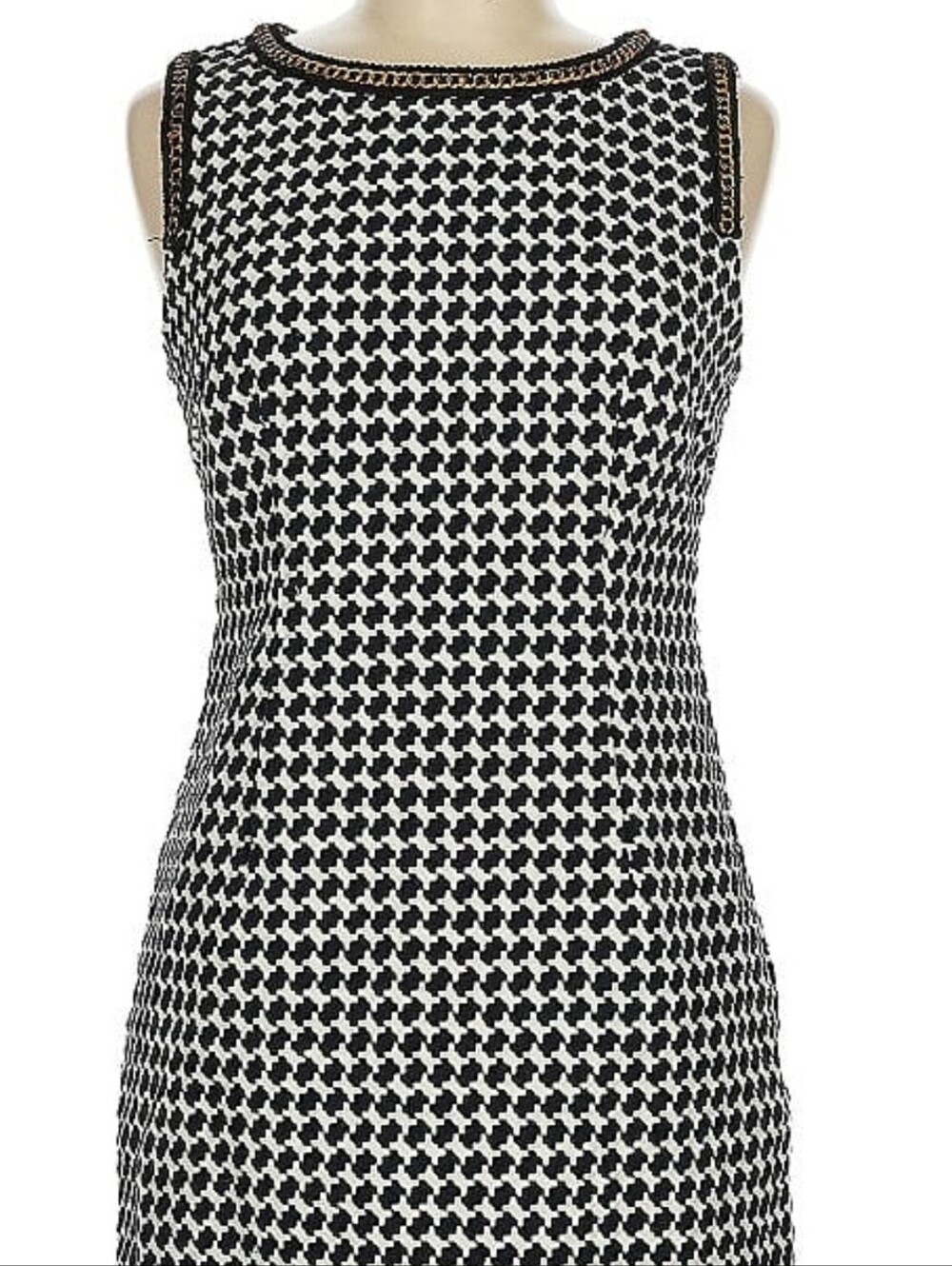Trina Turk Black & White Houndstooth Sheath Dress w/Gold Trim, Size 10.